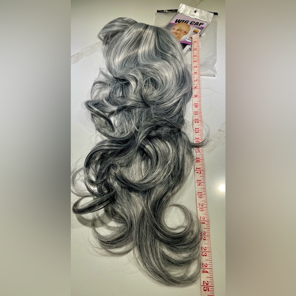 HAIR, 25” Long Layers, Wavy, Swoop Bangs, center part, Silver/Black/Gray - Picture 9 of 10